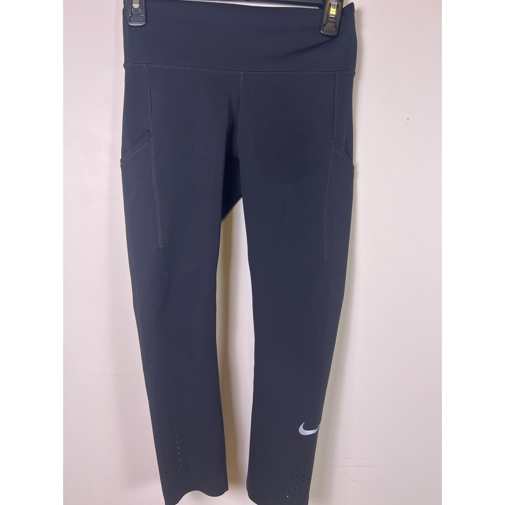 Nike Women Black Dri Fit Cropped Running Leggings Pants Pockets Athletic Sz S